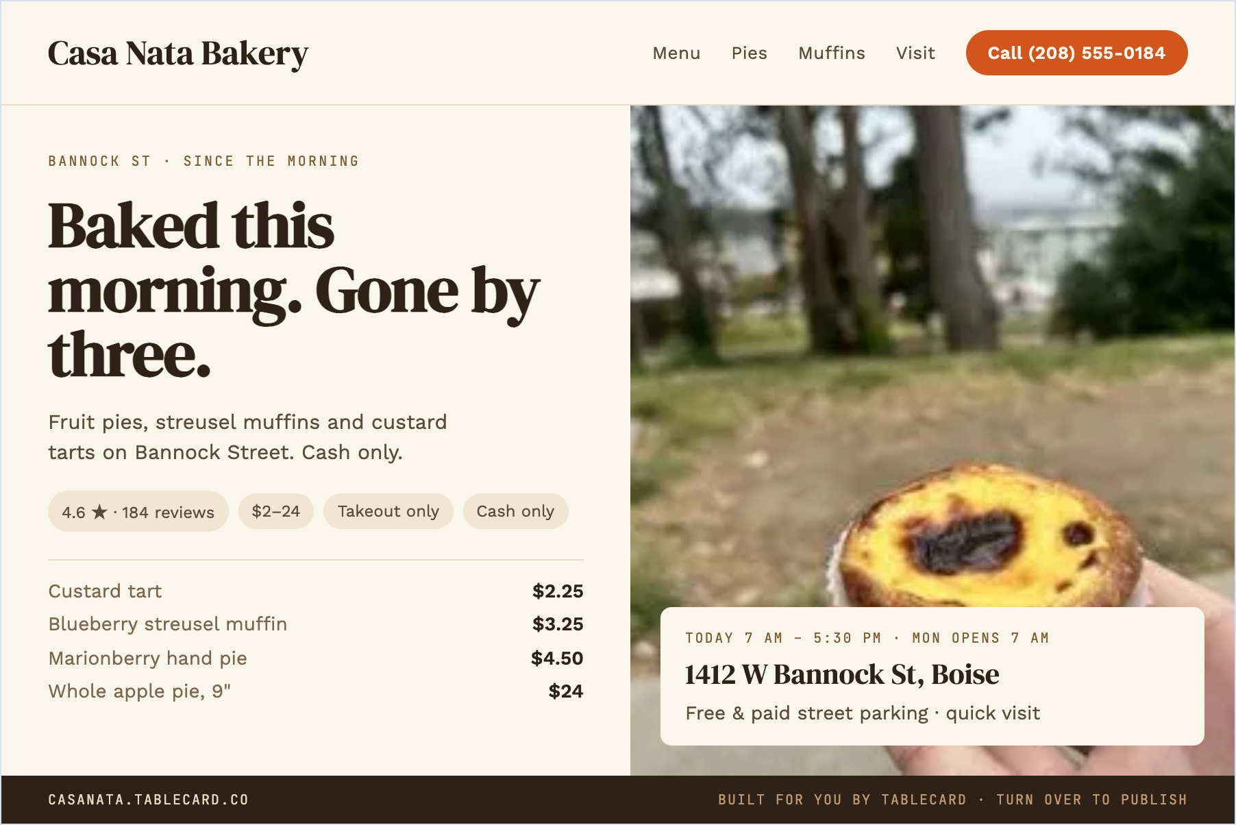 Postcard front: the finished website for Casa Nata Bakery, printed at six by four inches
